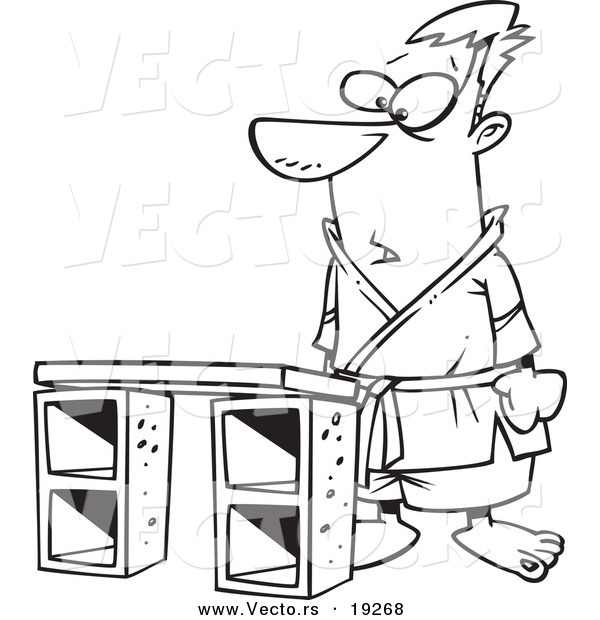 Vector of a Cartoon Karate Man Standing Before a Board - Outlined Coloring Page