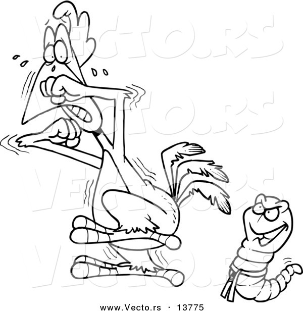 Vector of a Cartoon Karate Worm Intimidating a Rooster - Coloring Page Outline