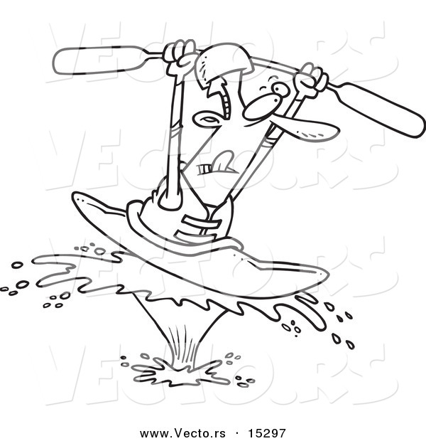Vector of a Cartoon Kayaking Man on a Big Splash - Coloring Page Outline