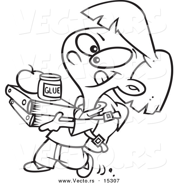 Vector of a Cartoon Keen Girl Carrying Binders - Coloring Page Outline