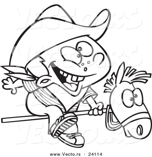 Vector of a Cartoon Kid Cowboy Riding a Stick Pony - Coloring Page Outline