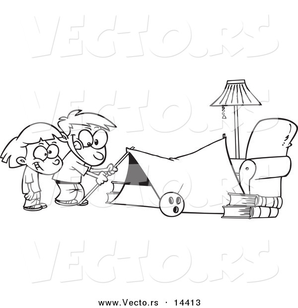 Vector of a Cartoon Kids Setting up a Camping Tent in a Living Room - Coloring Page Outline