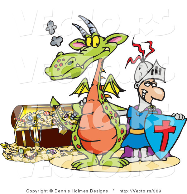 Vector of a Cartoon Knight and Dragon Beside a Treasure Chest