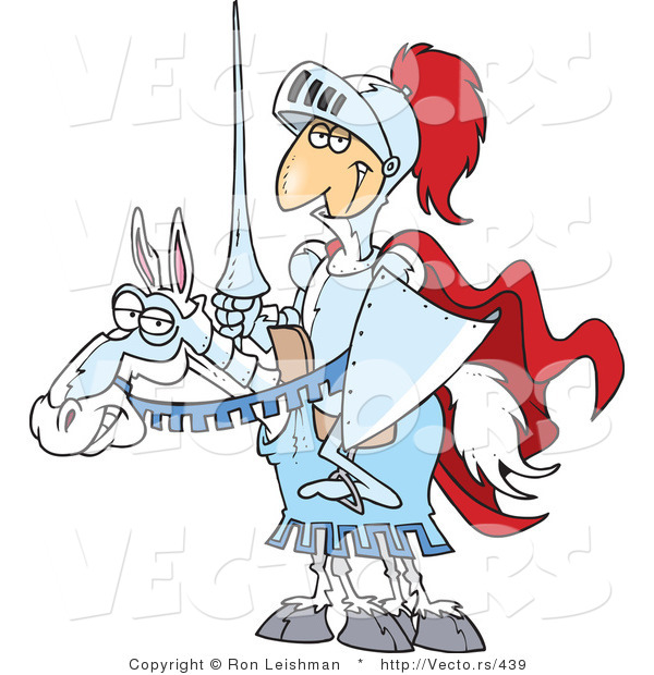 Vector of a Cartoon Knight and Horse Grinning with Lance and Shield