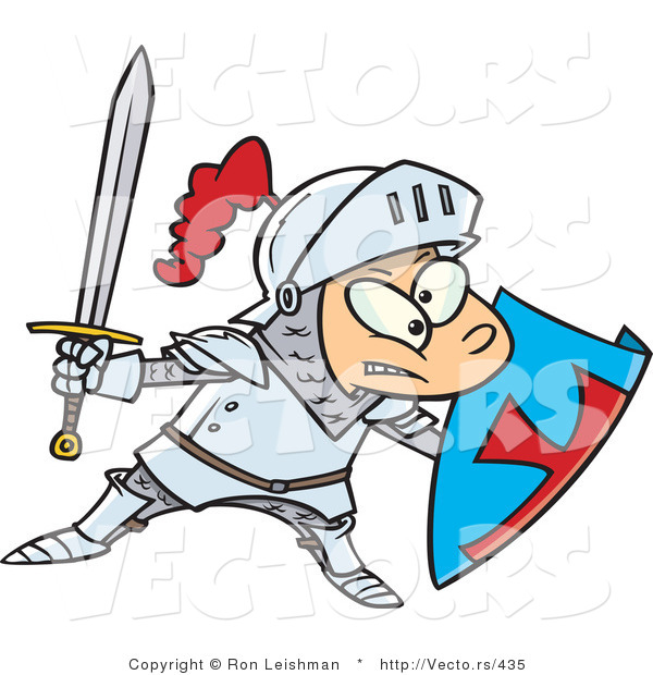Vector of a Cartoon Knight Boy Pretending with Sword and Shield