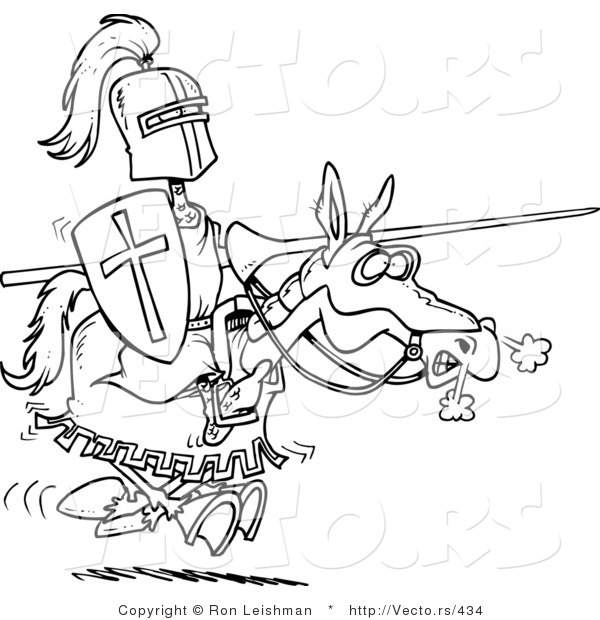 Vector of a Cartoon Knight Jousting on a Horse - Coloring Page