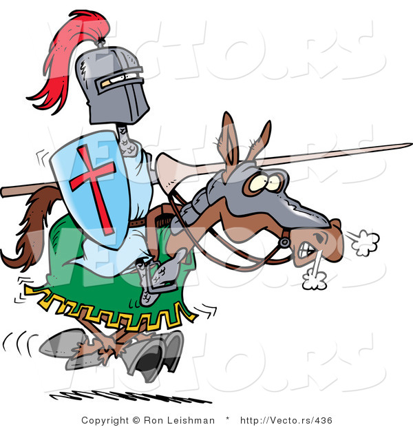 Vector of a Cartoon Knight Jousting with Lance on a Brown Horse