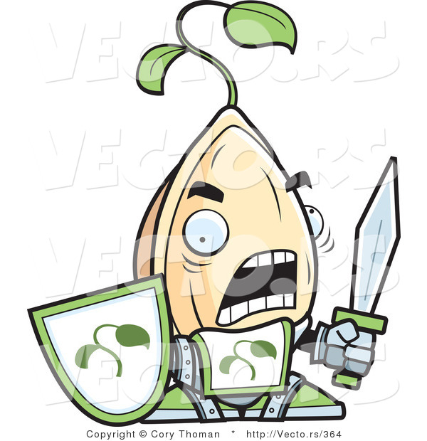 Vector of a Cartoon Knight Plant Seed Character with a Sword and Shield