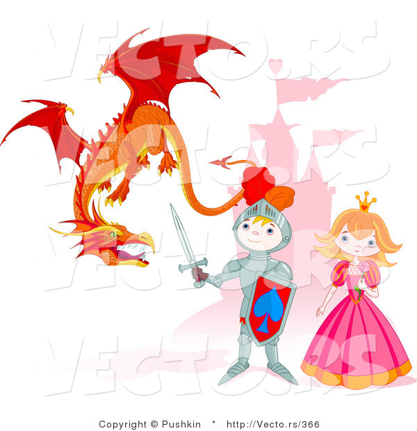 Vector of a Cartoon Knight Protecting Princess from a Dragon with Castle Background