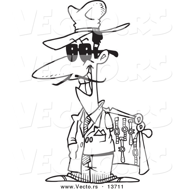 Vector of a Cartoon Knock off Salesman Selling Watches - Coloring Page Outline