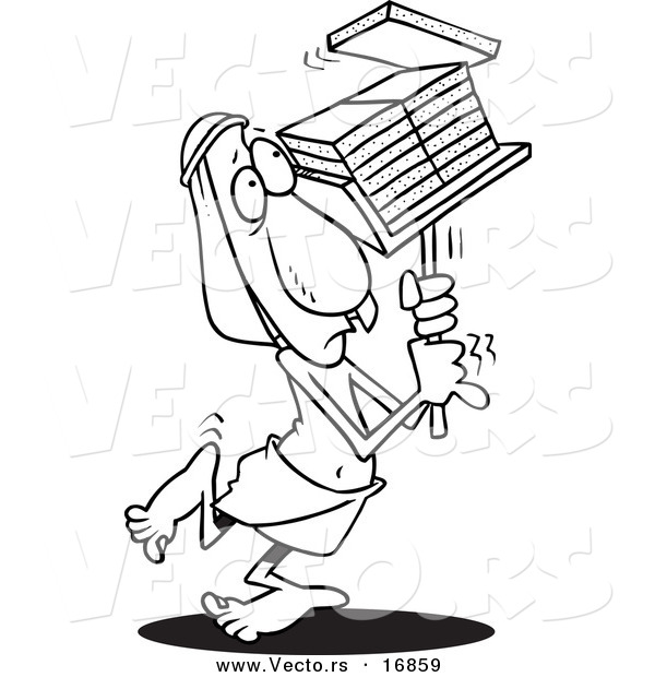 Vector of a Cartoon Laborer Carrying Bricks - Coloring Page Outline