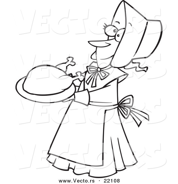 Vector of a Cartoon Lady Pilgrim Serving a Turkey - Outlined Coloring Page