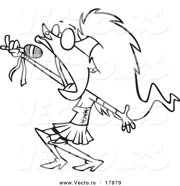 Vector of a Cartoon Lady Rock Star Singing - Outlined Coloring Page