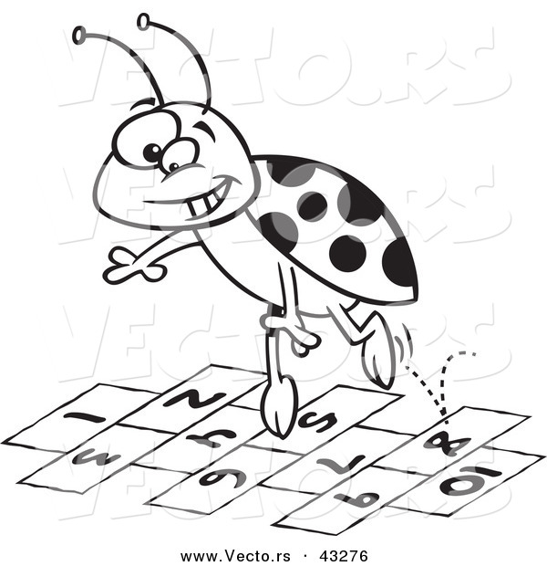 Vector of a Cartoon Ladybug Jumping over Hopscotch Numbers - Coloring Page Outline
