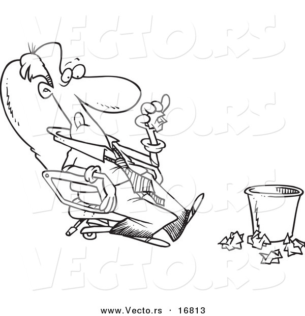 Vector of a Cartoon Lazy Businessman Sitting in a Chair and Tossing Papers in a Waste Basket - Coloring Page Outline