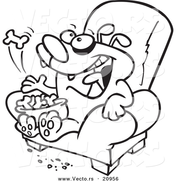 Vector of a Cartoon Lazy Dog Eating Biscuits on a Chair - Coloring Page Outline