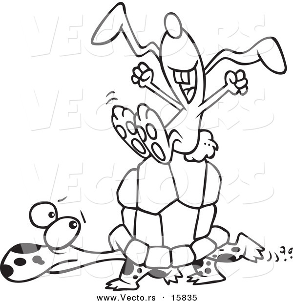 Vector of a Cartoon Lazy Hare Riding on a Tortoise - Outlined Coloring Page Drawing