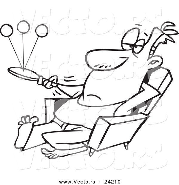 Vector of a Cartoon Lazy Man Playing Paddle Ball - Coloring Page Outline
