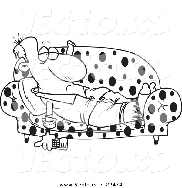 Vector of a Cartoon Lazy Man Watching Tv on a Sofa - Coloring Page Outline
