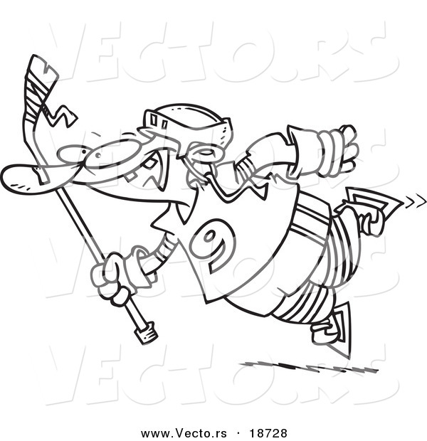 Vector of a Cartoon Leaping Hockey Player - Outlined Coloring Page