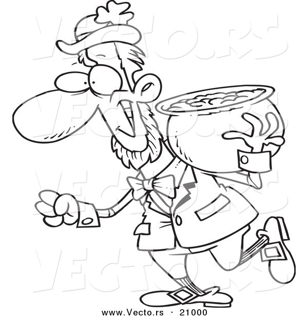 Vector of a Cartoon Leprechaun Carrying His Pot of Gold on His Shoulder - Coloring Page Outline