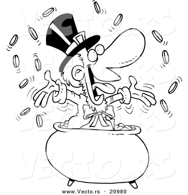 Vector of a Cartoon Leprechaun Celebrating in His Pot of Gold - Coloring Page Outline