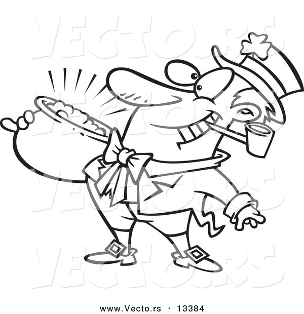 Vector of a Cartoon Leprechaun with a Pipe and Pot of Gold - Coloring Page Outline