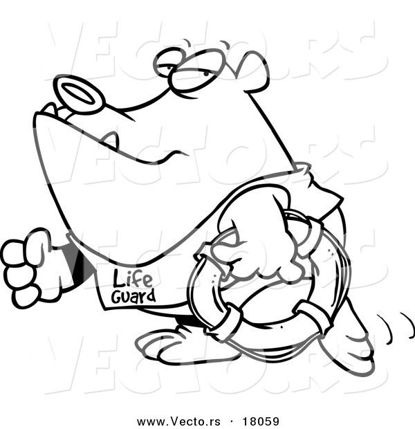 Vector of a Cartoon Lifeguard Bear Carrying a Life Buoy - Outlined Coloring Page