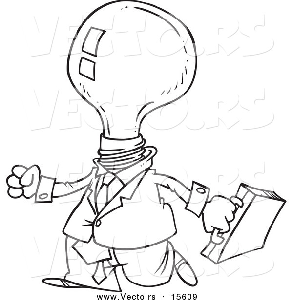 Vector of a Cartoon Light Bulb Headed Businessman - Coloring Page Outline