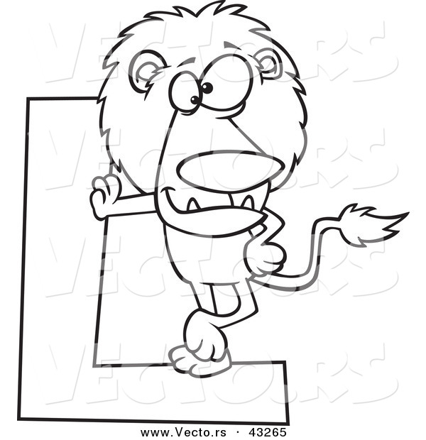 Vector of a Cartoon Lion Leaning Against a Letter L - Coloring Page Outline