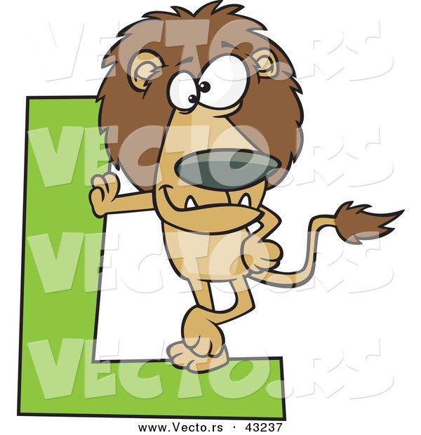 Vector of a Cartoon Lion Leaning Against Alphabet Letter L