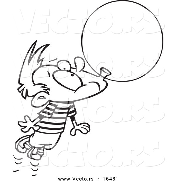 Vector of a Cartoon Little Boy Floating Away with a Big Bubble of Gum - Outlined Coloring Page Drawing