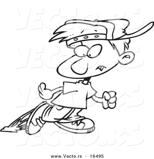 Vector of a Cartoon Little Boy Looking Back at Gum Stuck to His Shoe - Outlined Coloring Page Drawing