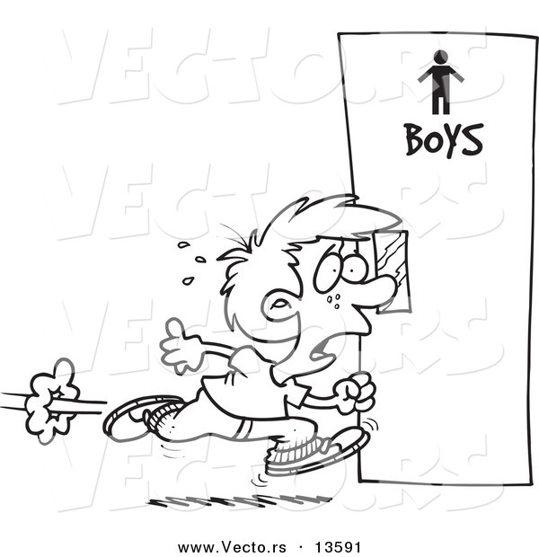 Vector of a Cartoon Little Boy Rushing to the Bathroom - Coloring Page Outline