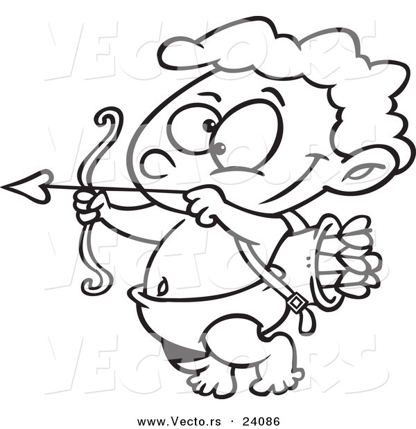Vector of a Cartoon Little Cupid Practicing with Arrows - Coloring Page Outline
