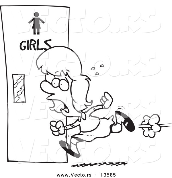 Vector of a Cartoon Little Girl Rushing to the Bathroom - Coloring Page Outline