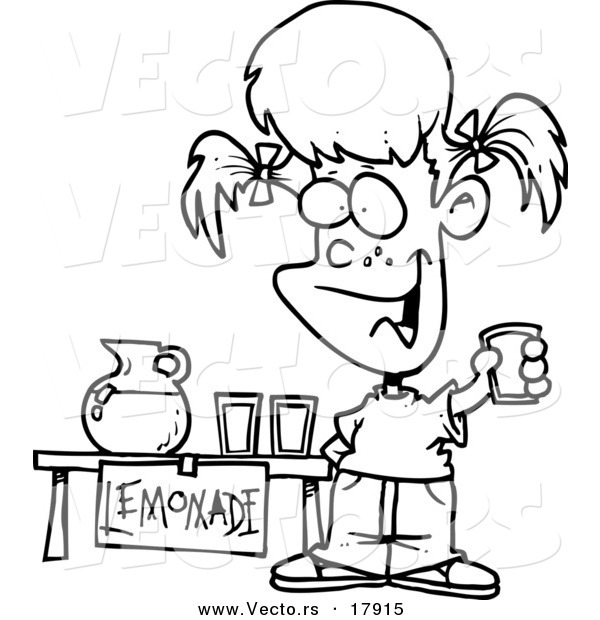 Vector of a Cartoon Little Girl Selling Lemonade - Outlined Coloring Page