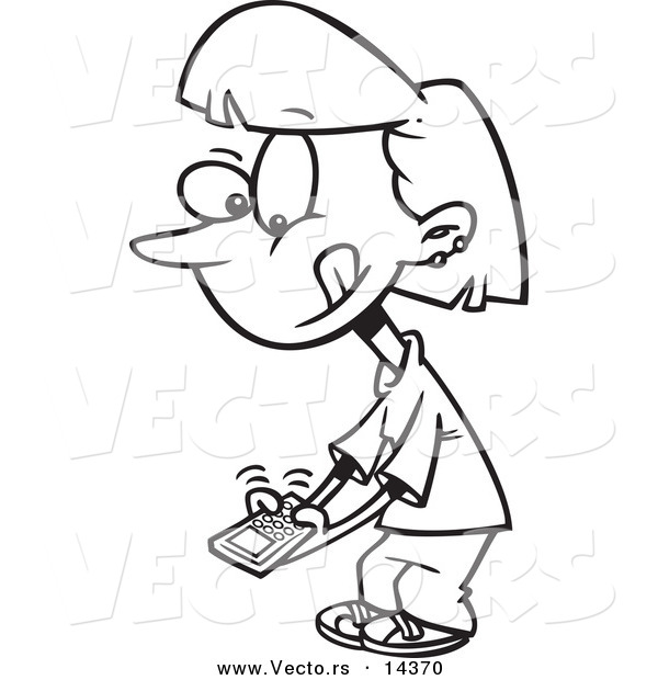 Vector of a Cartoon Little Girl Texting on a Cell Phone - Coloring Page Outline