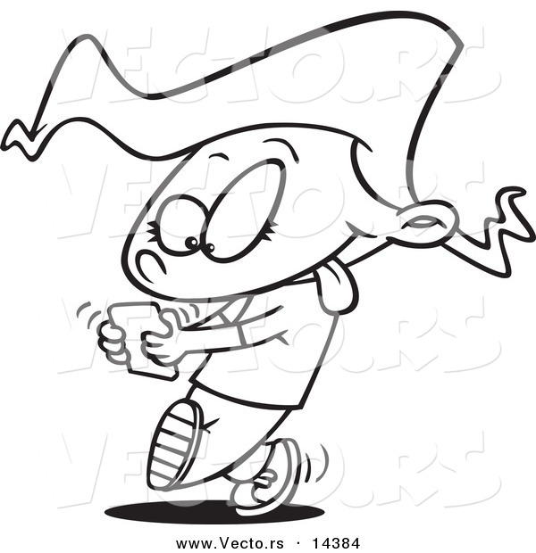 Vector of a Cartoon Little Girl Walking and Texting on a Cell Phone - Coloring Page Outline