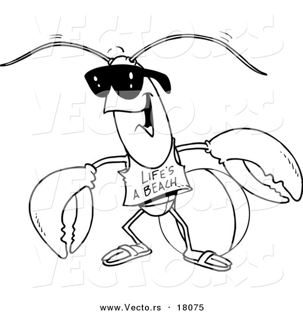 Vector of a Cartoon Lobster at the Beach - Outlined Coloring Page