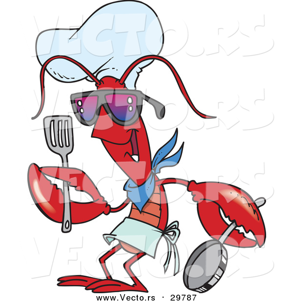 Vector of a Cartoon Lobster Chef Holding a Pan and Spatula