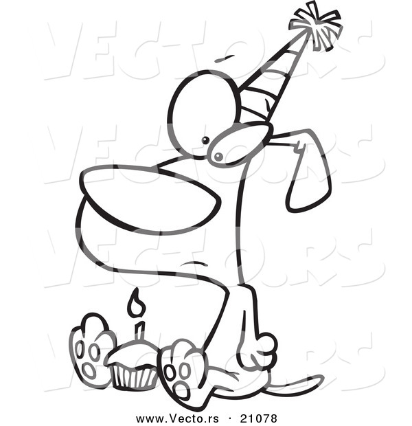 Vector of a Cartoon Lonely Birthday Dog with a Cupcake - Coloring Page Outline