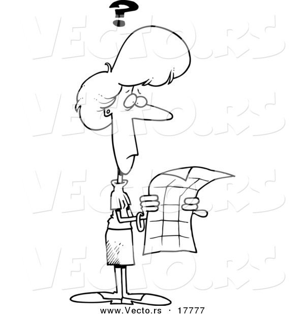 Vector of a Cartoon Lost Woman Trying to Read a Map - Outlined Coloring Page