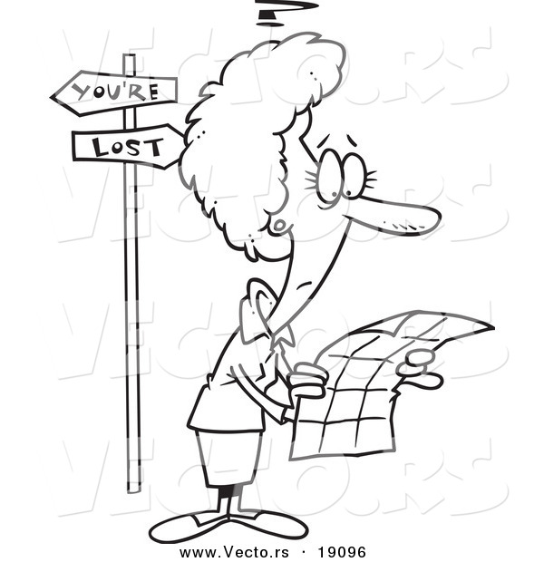 Vector of a Cartoon Lost Woman Trying to Read a Map - Outlined Coloring Page