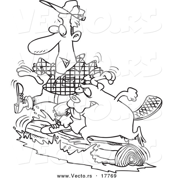 Vector of a Cartoon Lumberjack and Beaver Log Rolling - Outlined Coloring Page