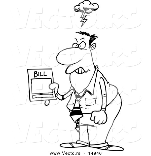 Vector of a Cartoon Mad Businessman Holding an Overcharged Billing Statement - Coloring Page Outline