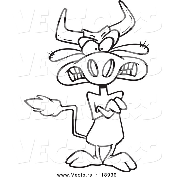 Vector of a Cartoon Mad Cow with Folded Arms - Outlined Coloring Page