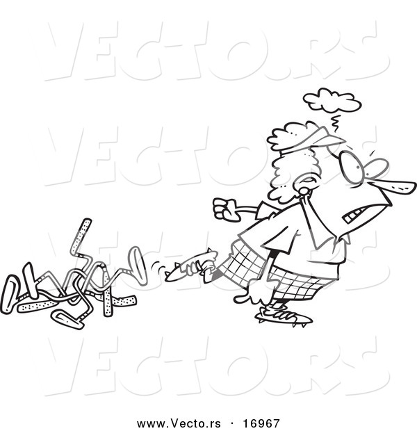 Vector of a Cartoon Mad Female Golfer Walking Away from Bent Clubs - Coloring Page Outline