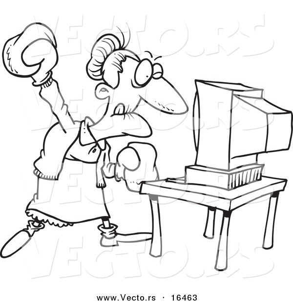 Vector of a Cartoon Mad Granny Beating a Computer with Boxing Gloves - Outlined Coloring Page Drawing