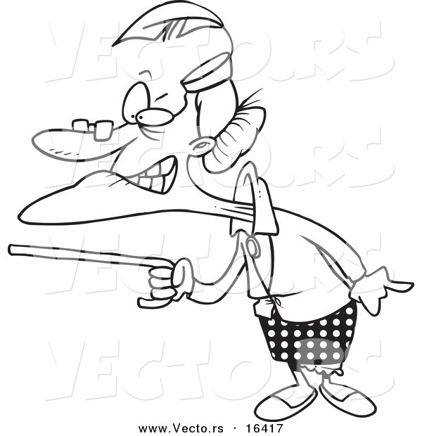 Vector of a Cartoon Mad Granny Waving Her Cane - Outlined Coloring Page Drawing